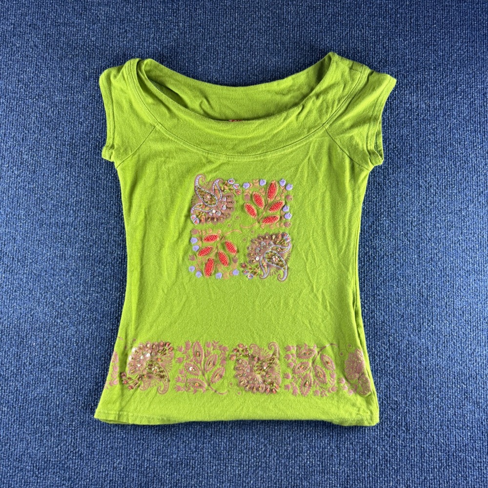 Gym Station Girls Lime Green Paisley Embroidered Sequin Cap Sleeve Top Small